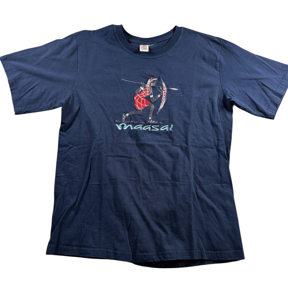 VTG Maasai Graphic Tee Navy Blue Cotton Kenya Souvenir L Streetwear grunge Y2K